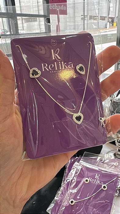 CONJUNTO PONTO DE LUZ CORAÇÃO LUXO PRETO - PRATA 925