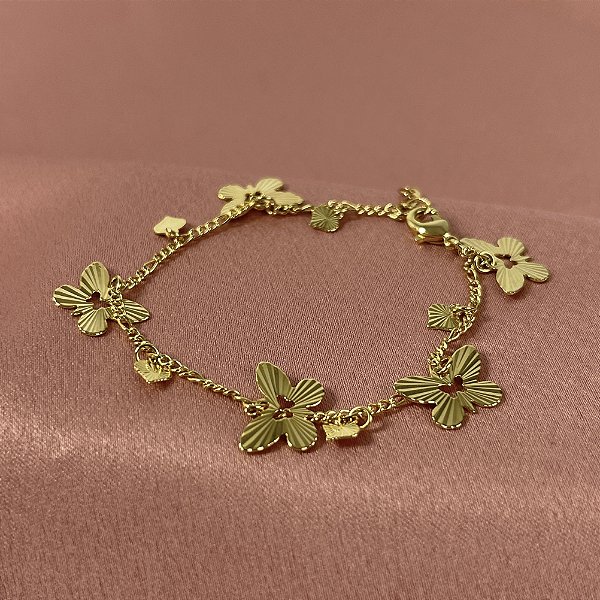 PULSEIRA ELOS COM BORBOLETAS E CORAÇÕES NO DOURADO - SEMIJOIA