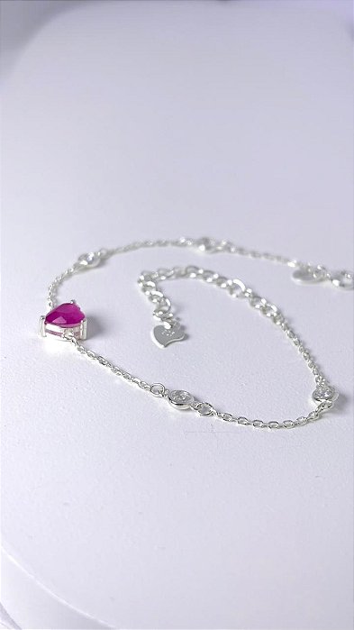 PULSEIRA LUXO ZIRCONIA COM CORAÇÃO ROSA - PRATA 925