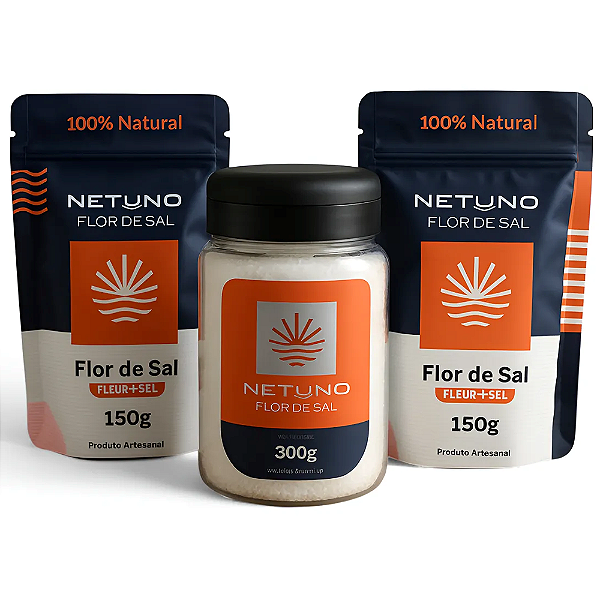 Kit com 2 Refil de Flor de Sal Netuno Gourmet Sachê 150g Cada Mais 1 Pote 300g