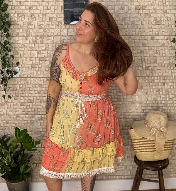 Vestido Curto Quartzo Rosa Amarelo Alça