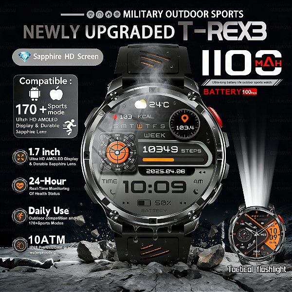 T-REX 3 militar smartwatch masculino 1100mah bateria ultra durável smartwatch 10