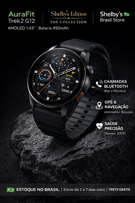 "Smartwatch AURAFIT Trek2 G12 Tela 1.43" AMOLED Bateria de 450 mAH – Shelby’s Edition