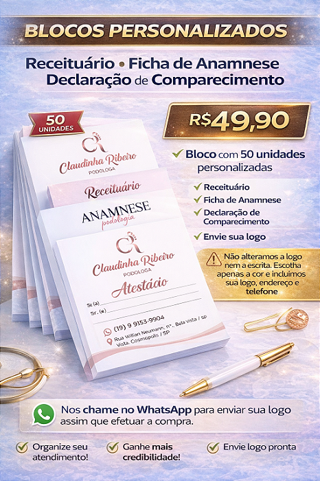 Bloco Profissional Personalizado – Receituário, Anamnese, Declaração ou Atestado (50 folhas)