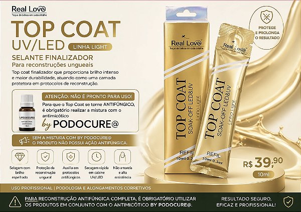 Top Coat UV/LED – Selante Antifúngico | 10ml 💰 R$ 39,90 Top coat finalizador desenvolvido para selagem e proteção de reconstruções ungueais