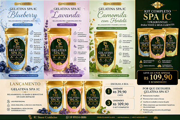 KIT GELATINA SPA IC – 3 UNIDADES Tenha uma experiência completa de spa dos pés com o Kit Gelatina SPA IC, composto por três fragrâncias exclusivas que proporcionam relaxamento, hidratação e bem-estar. 📦 O KIT CONTÉM: • 3 Gelatinas SPA IC – 150g