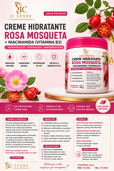 🌹 CREME HIDRATANTE ROSA MOSQUETA + NIACINAMIDA (VITAMINA B3) | 50g