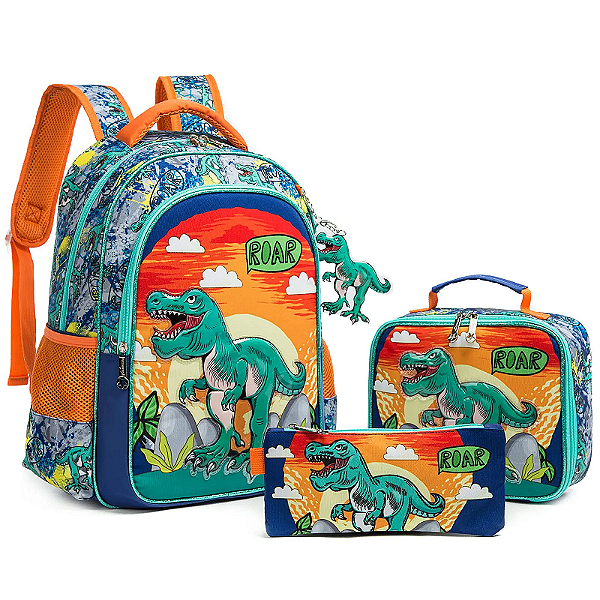 Kit Escolar Dinossauros: Mochila, Lancheira & Bolsa