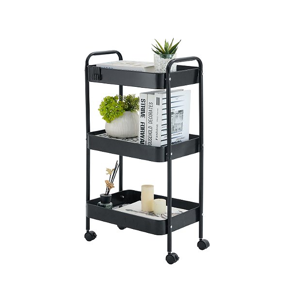 Carrinho Multiuso Gala 3 Prateleiras em Metal Preto com Rodízios