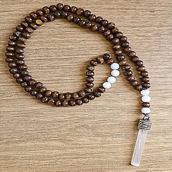 Japamala 108 Contas de Madeira Imbuia com Selenita - Purificação Poderosa