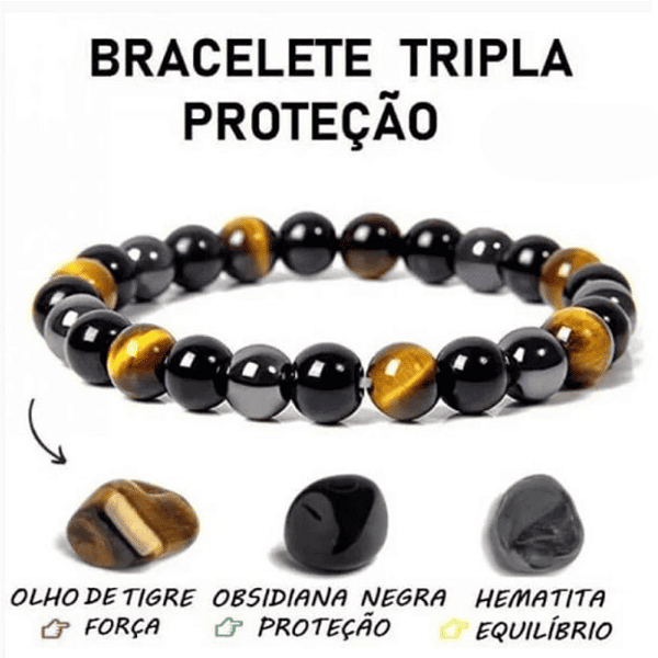 Pulseira Tripla Proteção 8mm - Proteção, Sorte, Concentração