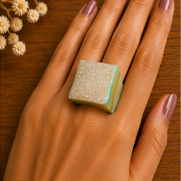 Anelão de Ágata Verde com Drusa Natural - Cura, Saúde, Harmonia
