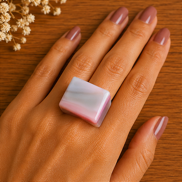 Anelão Pedra Ágata Rosa - Compreensão e Harmonia