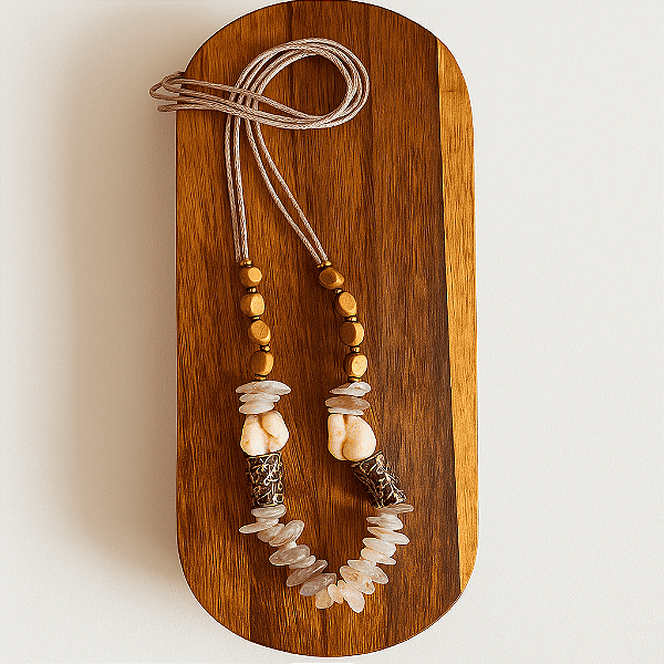 Colar Madeira Pedras Magnesita e Quartzo Rutilado