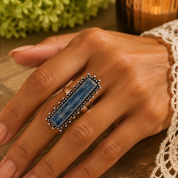Anel em Prata Indiana Cianita Azul – Pedra da Proteção | Espada do Arcanjo Miguel
