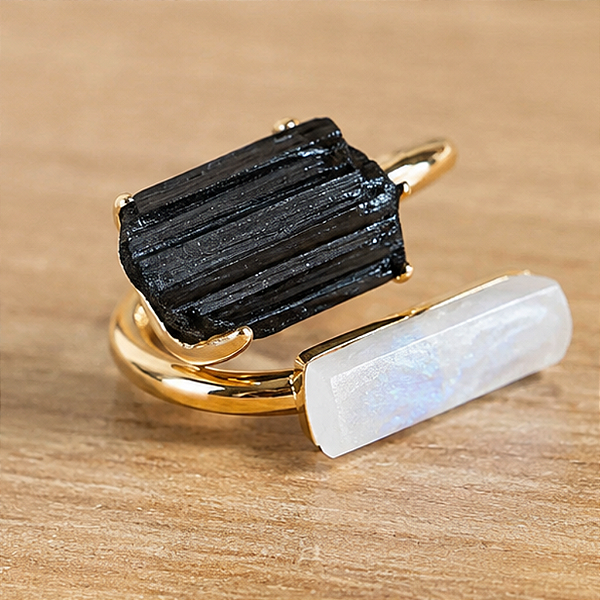 Anel Duplo Dourado de Turmalina Negra e Selenita | Proteção e Elevação Energética