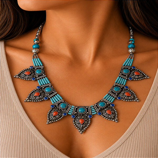Colar Boho Tibetano com Coral, Lápis-Lazúli e Turquesa