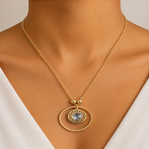 Colar Folheado em Dourado com Argola e Mandala com Cristal