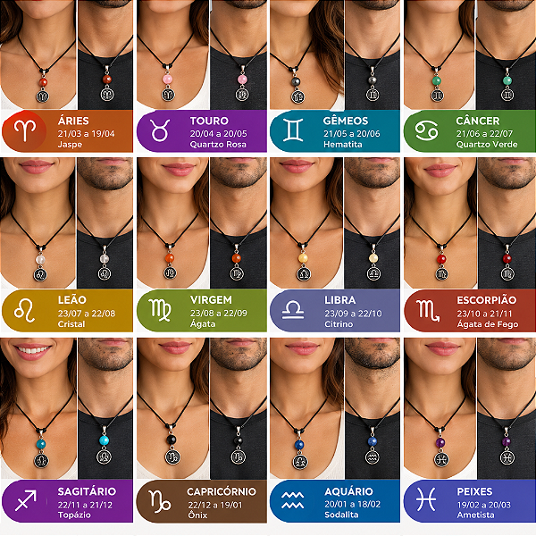 Colar dos Signos com Pedra Natural | Cordão Ajustável | Amuleto Energético