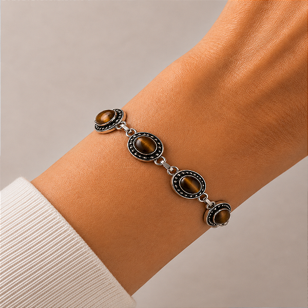 Pulseira Oval em Prata Indiana Olho de Tigre | Proteção, Coragem e Prosperidade