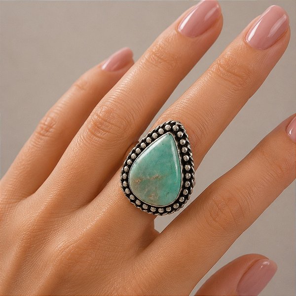Anel em Prata Indiana Boho com Amazonita Natural em Gota | Equilíbrio e Prosperidade