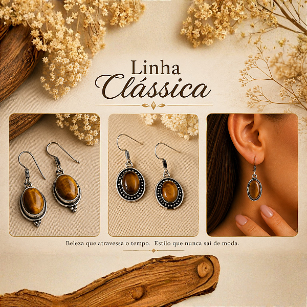 Brincos em Prata Indiana de Olho de Tigre | Linha Clássica