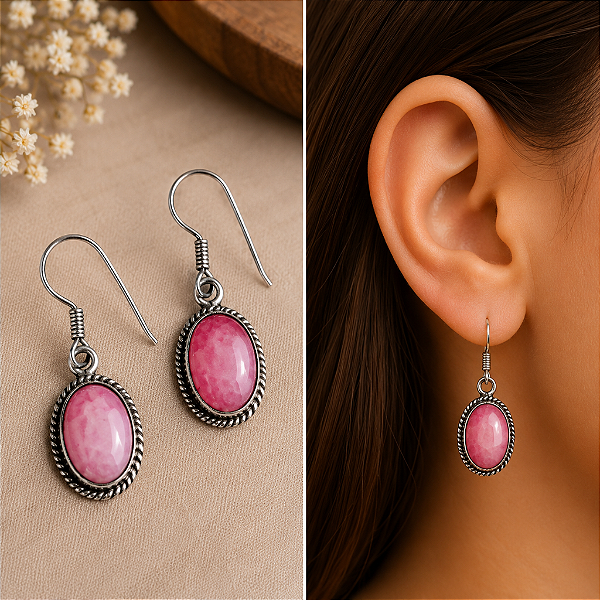 Brinco em Prata Indiana com Quartzo Rosa Oval - O Cristal que Vibra Amor e Harmonia