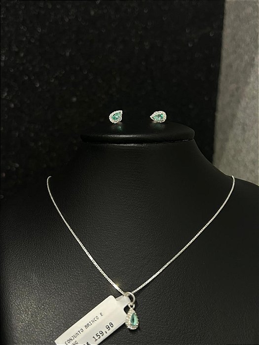 CONJUNTO BRINCO E PINGENTE VERDE AGUA