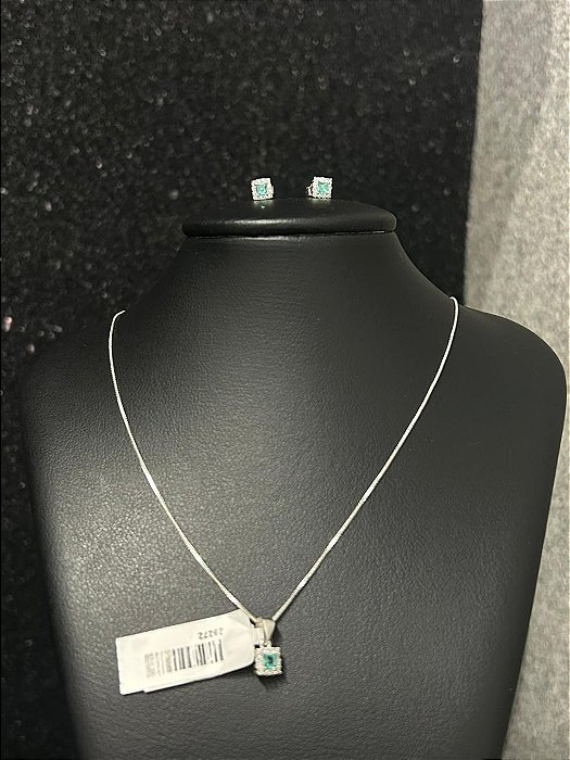 CONJUNTO BRINCO E PINGENTE QUADRADRO VERDE