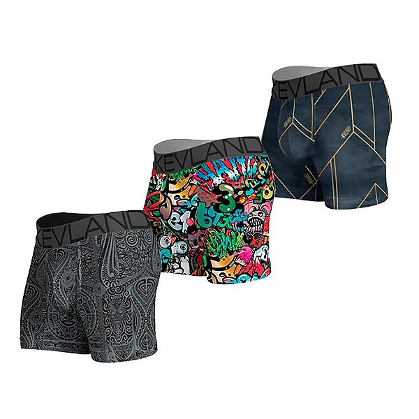 Kit Com 3 Cuecas Boxer Kevland - Kit Com ESTAMPAS SORTIDAS