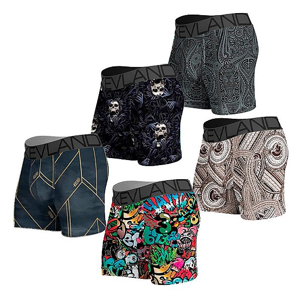 Kit Com 5 Cuecas Boxer Kevland - Kit Com ESTAMPAS SORTIDAS