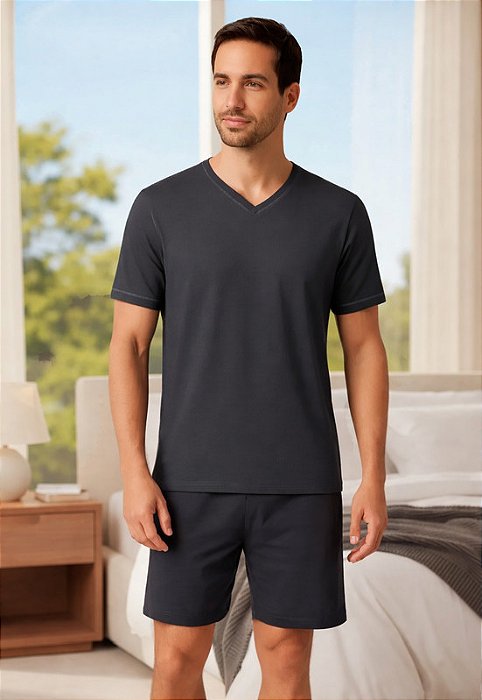 Pijama Masculino Adulto Omoss Manga Curta E Short -Chumbo