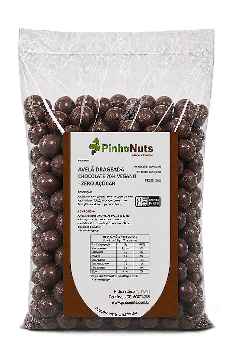 Avela Drageado Chocolate 70% Vegano - Zero Acucar (brilhoso) - Pinho Nuts