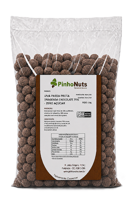 Uva Passa Preta Drageada Chocolate 70% - Zero Acucar - Pinho Nuts