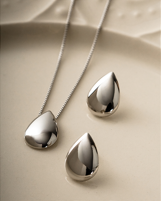 Conjunto Gota Lisa Prata Banho Ródio