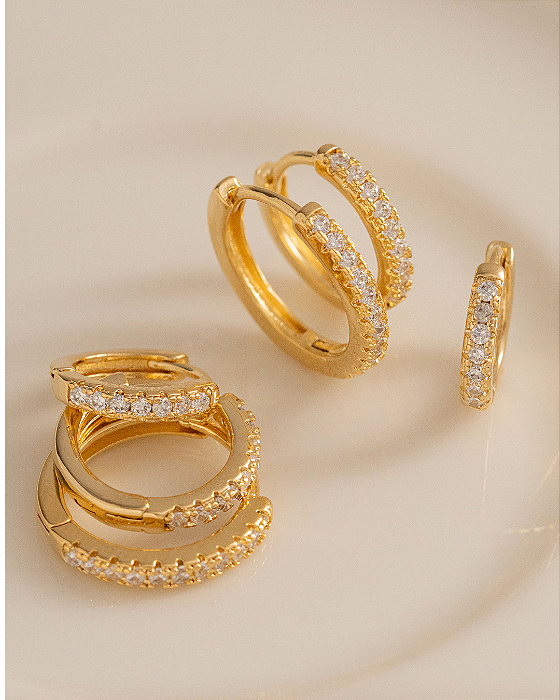Brinco Trio Argola Zircônia Dourada
