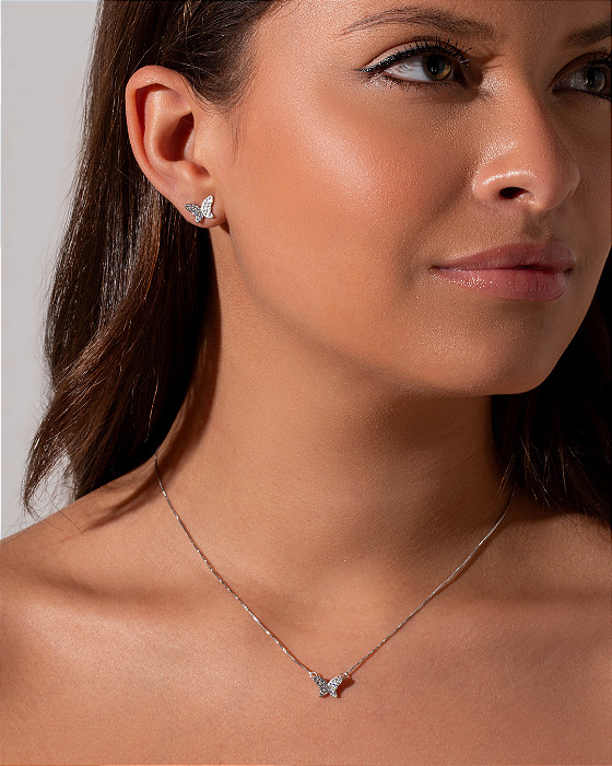 Conjunto Borboleta Micro Zirconia Prata