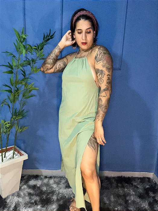 Vestido Longo Costas Nuas com Fenda Verde