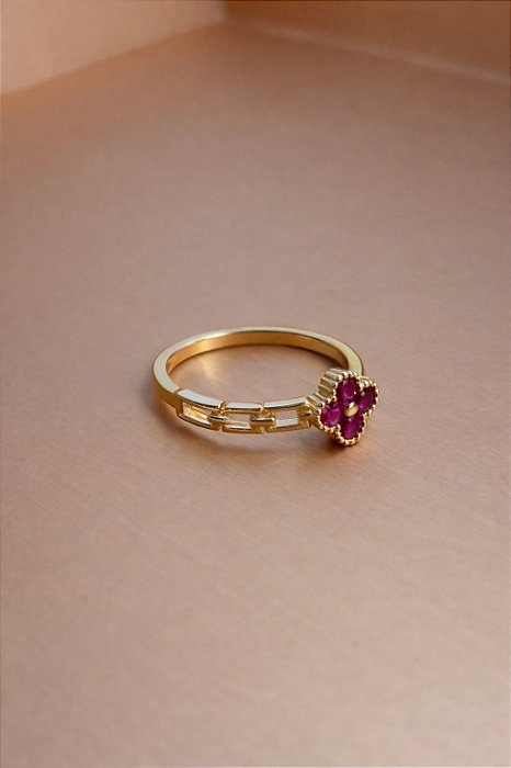 Anel Flor Rubi Dourado