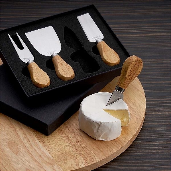 Kit Para Queijo Gourmet 4 Peças Premium em Inox e Bambu