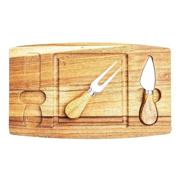 Kit Queijo 3 Peças com Tábua de Madeira, Garfo, Faca com ponta