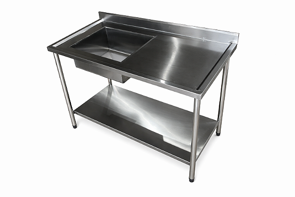 Pia em Aço Inox 430 com uma Cuba - 130x60cm - com uma Prateleira - Cuba Esquerda