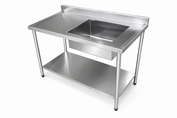 Pia em Aço Inox 430 com uma Cuba - 130x60cm - com uma Prateleira - Cuba Direita