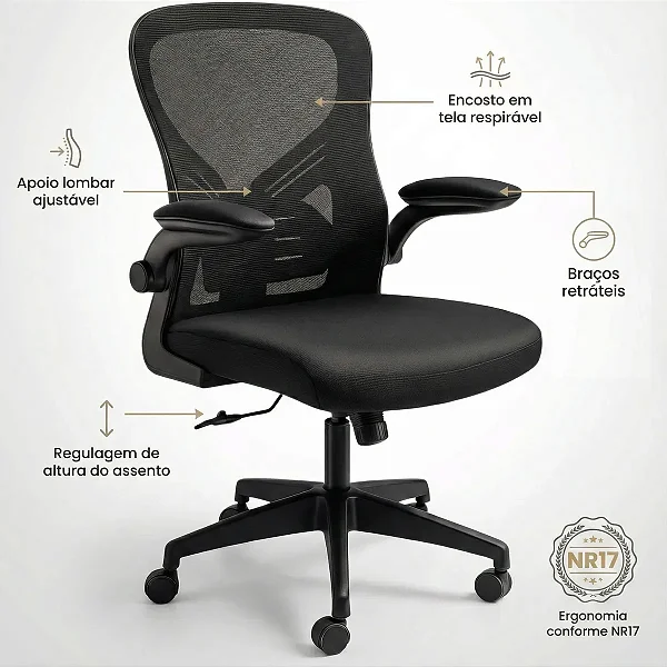 Cadeira De Escritório Ergonômica Laudo NR17 Assento Com Espuma Injetada Regulagem De Altura Ajuste Lombar Estofado Respirável Em Mesh Braços Retrátil Marca Brin7 Modelo B7-007