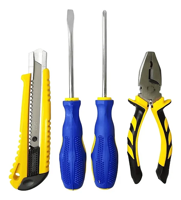 Kit de Ferramentas Essenciais 4 Peças - Alicate, Estilete, Chave Phillips e Fenda
