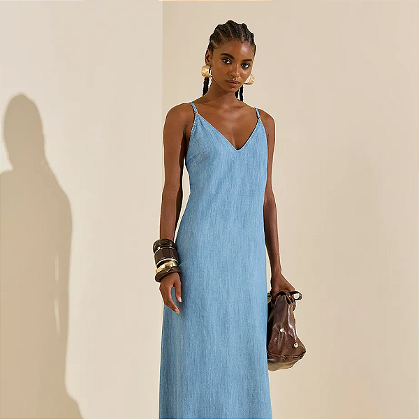 Vestido Morena Rosa Solto Decote V Com Alça Longo Azul