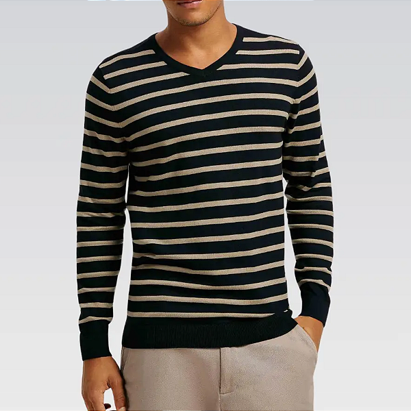 Blusão Masculino Listrado Conforto Tricô Gola V
