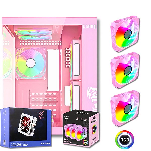 Gabinete Gamer Aquário Com 3 Fans RGB, Clanm GRODD CANDY, Rosa + Fonte 500W Branca