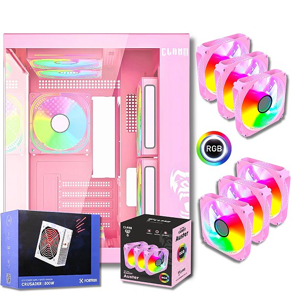 Gabinete Gamer Aquário Com 6 Fans RGB, Clanm GRODD CANDY, Rosa + Fonte 500W Branca