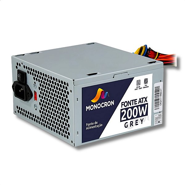 Fonte ATX 200W, Monocron, Bivolt Manual, Com Cabo De Energia, 24 Pinos, Prata